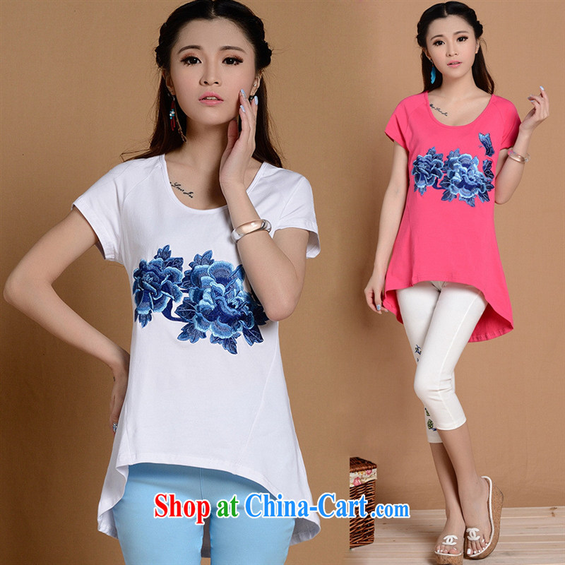 Summer new Ethnic Wind round-collar short-sleeve shirt T loose the code graphics thin embroidery take the shoulder sleeve T female white XXL, blue rain bow, and shopping on the Internet