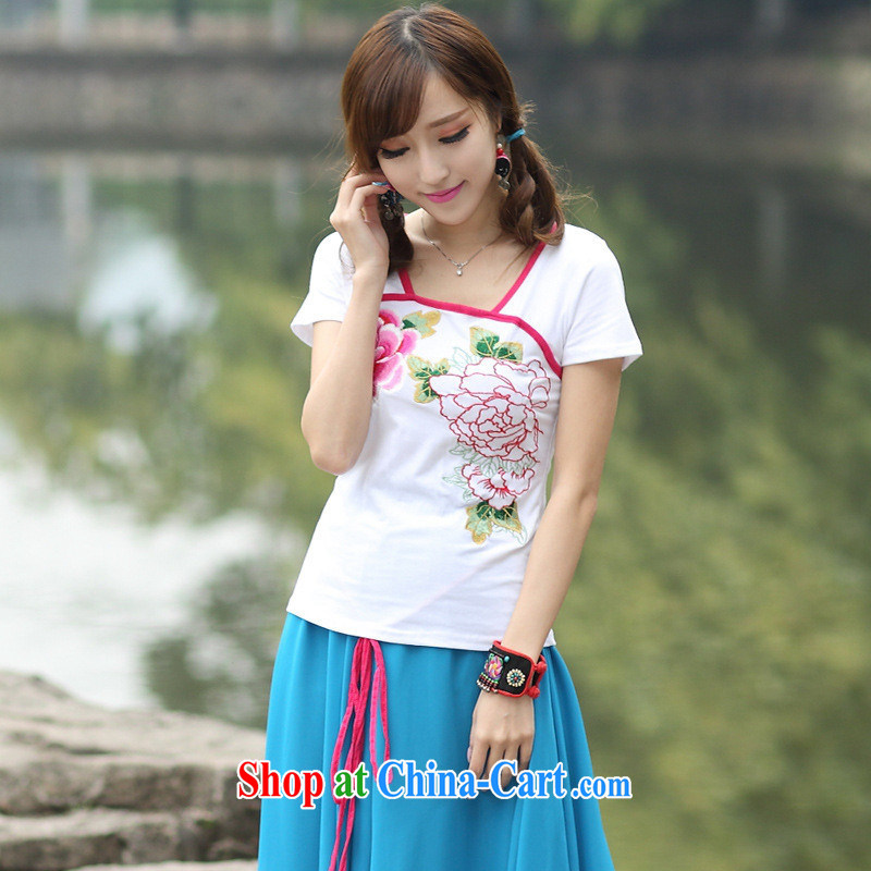 National wind female 2015 summer new embroidered short sleeves round neck cotton shirt T women 9124 white 3XL, blue rain bow, and shopping on the Internet