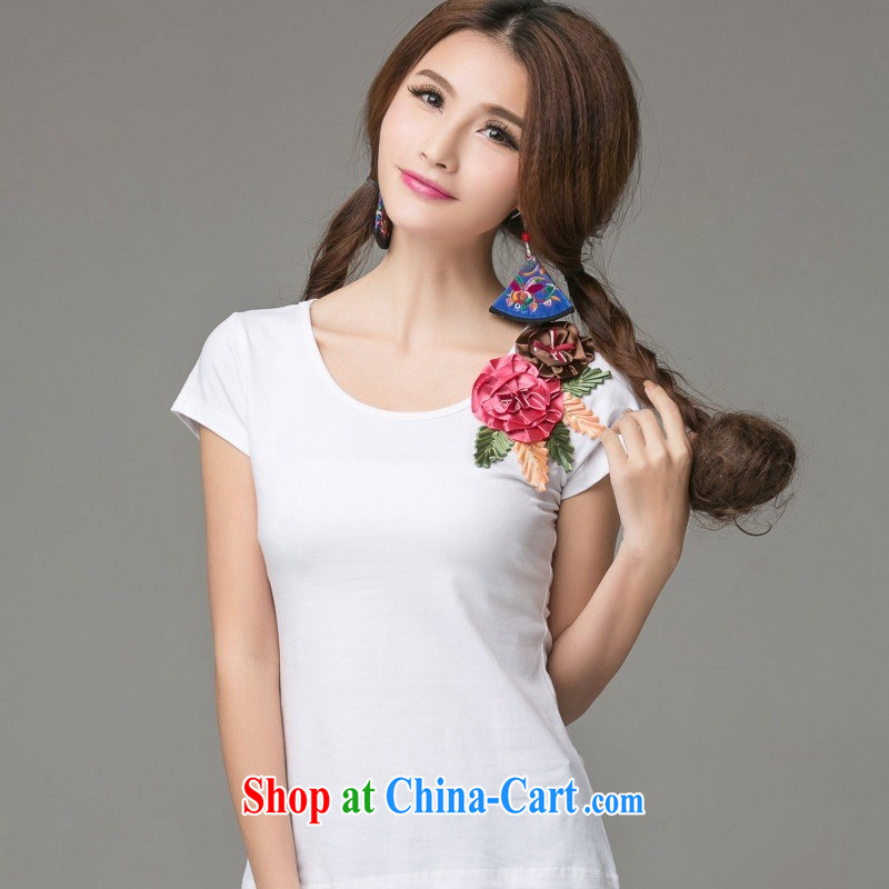 Summer new cotton Ethnic Wind three-dimensional embroidered short sleeves shirt T women 2665 white 3XL, blue rain bow, and shopping on the Internet