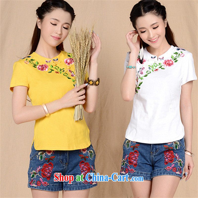 Ladies summer Ethnic Wind embroidered, for the charge-back beauty T cotton shirts women 570 white XXL, blue rain bow, and shopping on the Internet