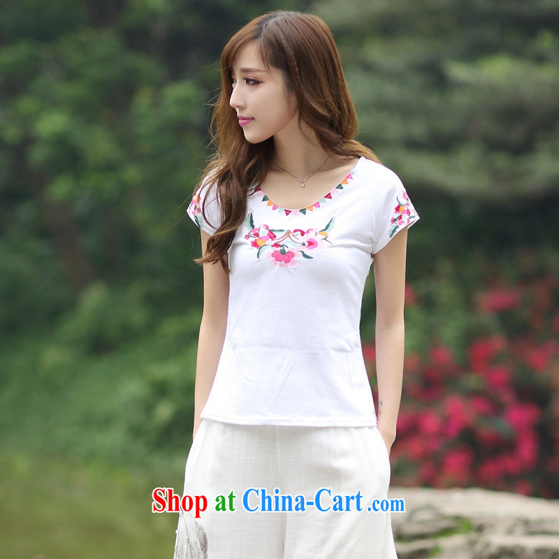 National wind women summer 2015 new round-collar short-sleeve embroidered leisure T shirts girls cotton 9127 white 2XL