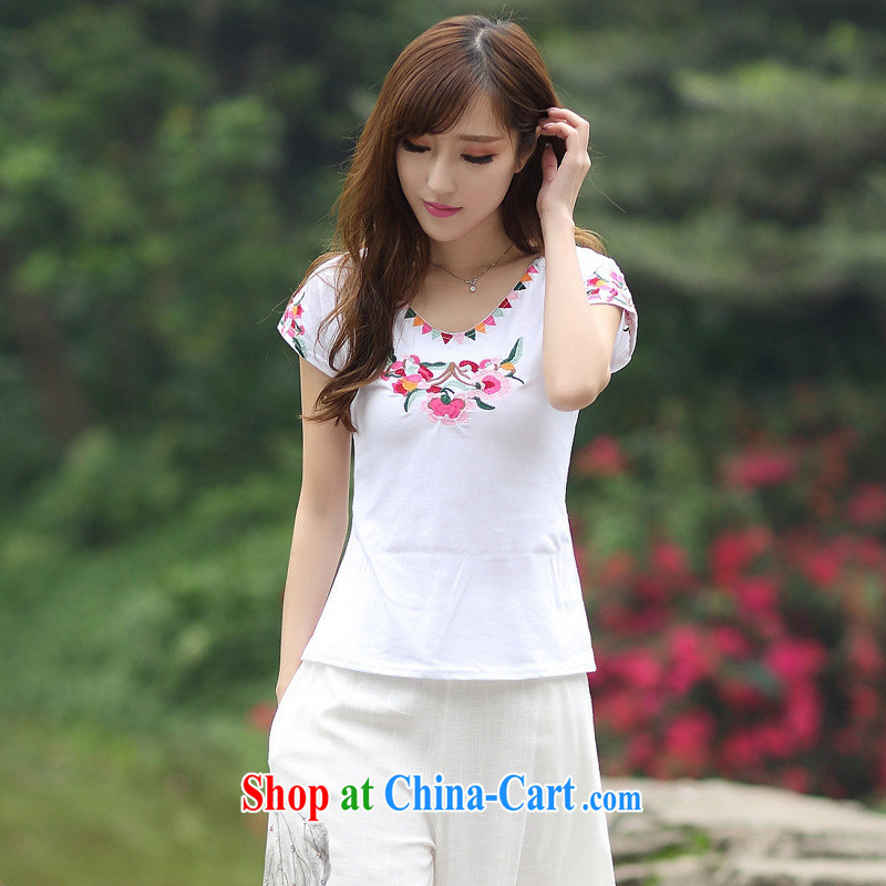 National wind women summer 2015 new round-collar short-sleeve embroidered leisure T shirts girls cotton 9127 white 2XL, blue rain bow, and shopping on the Internet