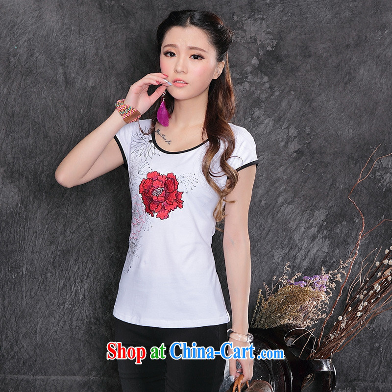 Female 2015 summer, new Ethnic Wind women stamp duty round-collar short-sleeve shirt T cotton A 161 white XXL, blue rain bow, and, shopping on the Internet