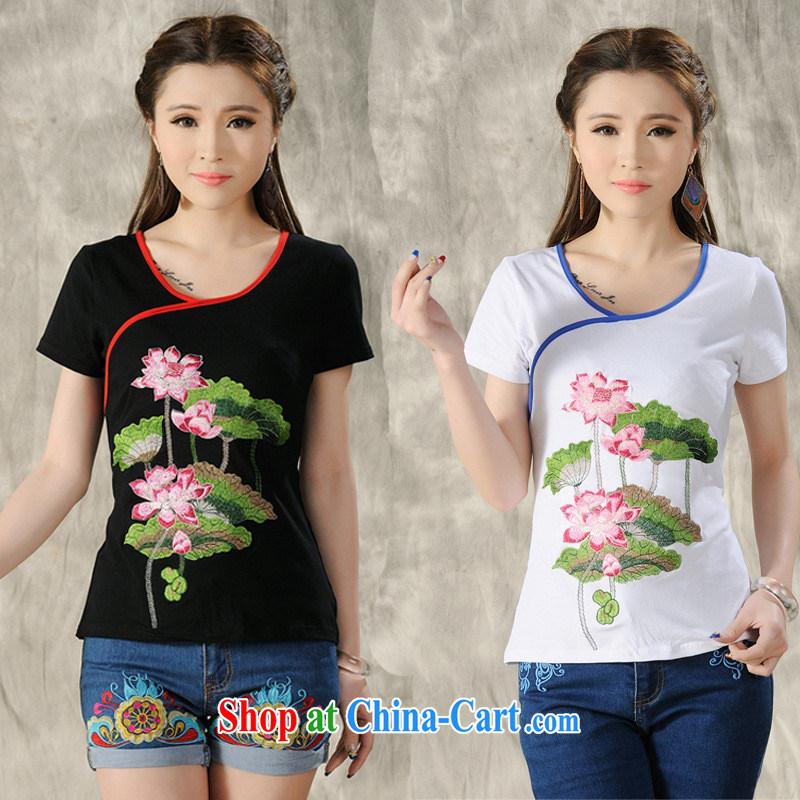 National wind women 2015 summer new embroidered T pension female beauty short sleeve round neck 4503 black 4XL