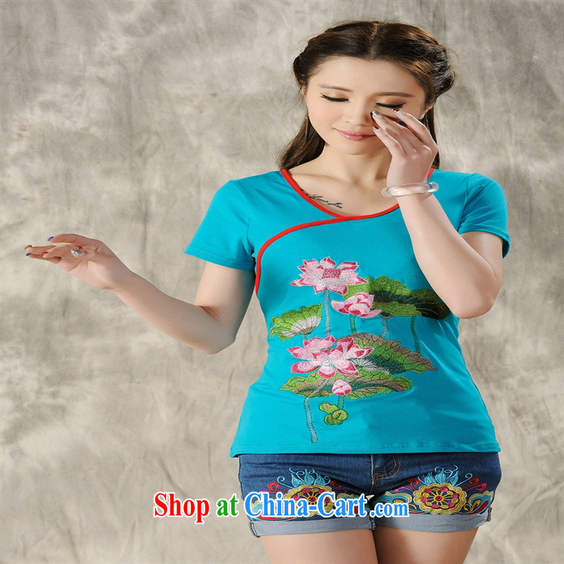National wind female 2015 summer new embroidered T pension female beauty short-sleeved round-collar 4503 black 4XL, blue rain bow, and shopping on the Internet