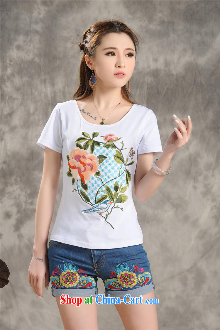 Female 2015 summer new Ethnic Wind embroidered round-collar short-sleeve shirt T girls cotton A 206 white 2XL pictures, price, brand platters! Elections are good character, the national distribution, so why buy now enjoy more preferential! Health