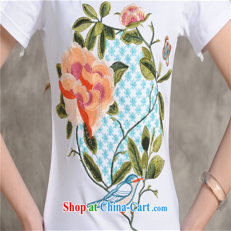 Ladies' 2015 summer new Ethnic Wind embroidered round-collar short-sleeve shirt T girls cotton A 206 white 2XL, blue rain bow, and shopping on the Internet