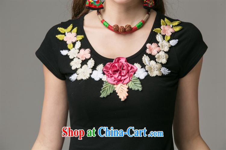 Ladies summer new ethnic wind three-dimensional embroidered short sleeves round neck cotton shirt T 2662 black 3 XL pictures, price, brand platters! Elections are good character, the national distribution, so why buy now enjoy more preferential! Health