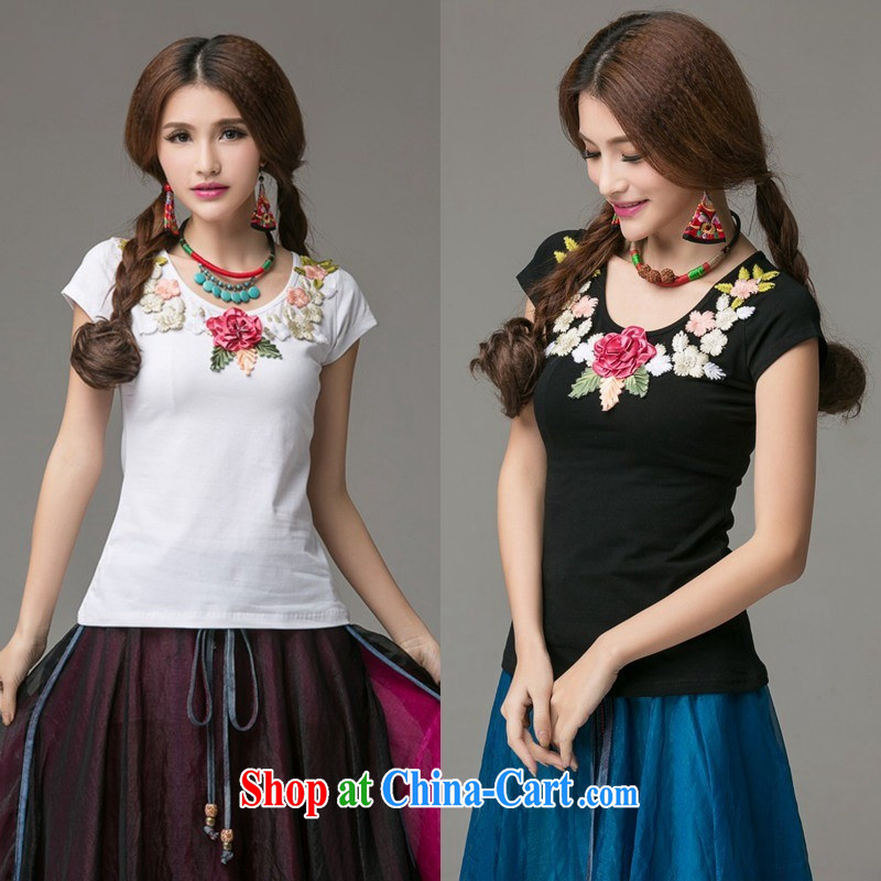 Ladies summer new ethnic wind three-dimensional embroidered short sleeves round neck cotton shirt T 2662 black 3 XL
