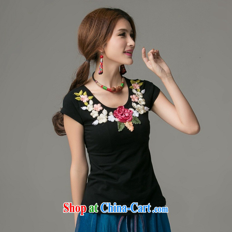 Ladies summer new ethnic wind three-dimensional embroidered short sleeves round neck cotton shirt T 2662 black 3 XL, blue rain bow, and shopping on the Internet