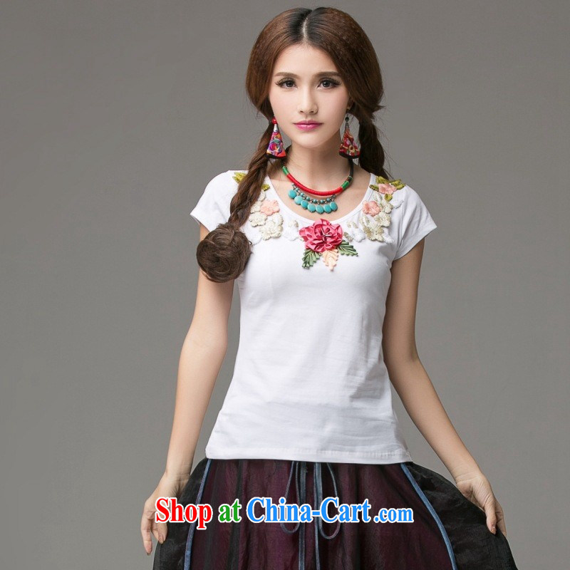 Ladies summer new ethnic wind three-dimensional embroidered short sleeves round neck cotton shirt T 2662 black 3 XL, blue rain bow, and shopping on the Internet