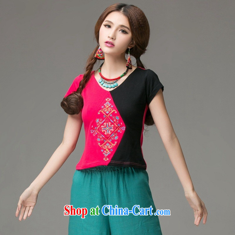 Ladies summer wear new Ethnic Wind knocked color embroidered round-collar short-sleeve shirt T girls cotton 2658 XL red, blue rain bow, and, on-line shopping