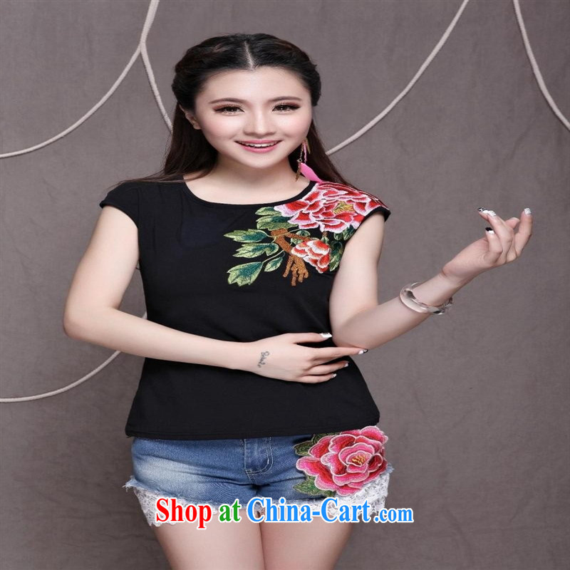 Women summer 2015 stylish Ethnic Wind two-color front and back embroidered female short-sleeved T-shirt white 4XL, blue rain bow, and, on-line shopping