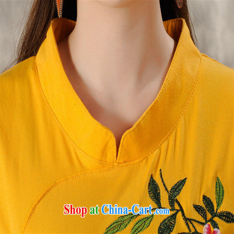 Ladies summer wear new and old fashioned, for national wind embroidered cultivating cotton short-sleeved shirt T 4504 yellow 4 XL, blue rain bow, and shopping on the Internet