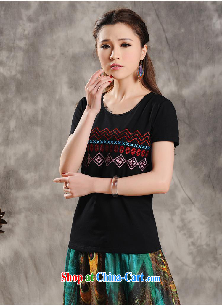 Female 2015 summer new Ethnic Wind embroidered short sleeves round neck shirt T girls cotton 9632 black 2 XL pictures, price, brand platters! Elections are good character, the national distribution, so why buy now enjoy more preferential! Health