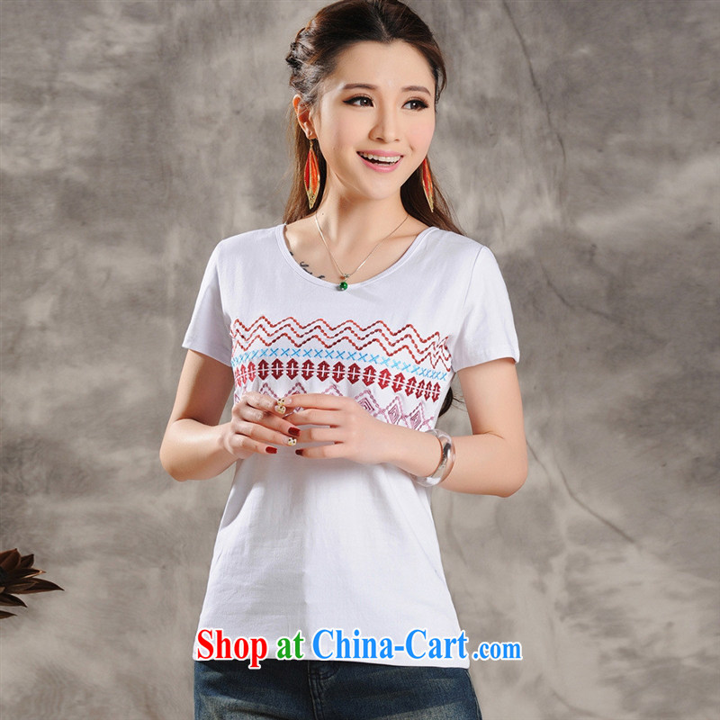 Ladies' 2015 summer new Ethnic Wind embroidered short sleeves round neck shirt T girls cotton 9632 black 2 XL