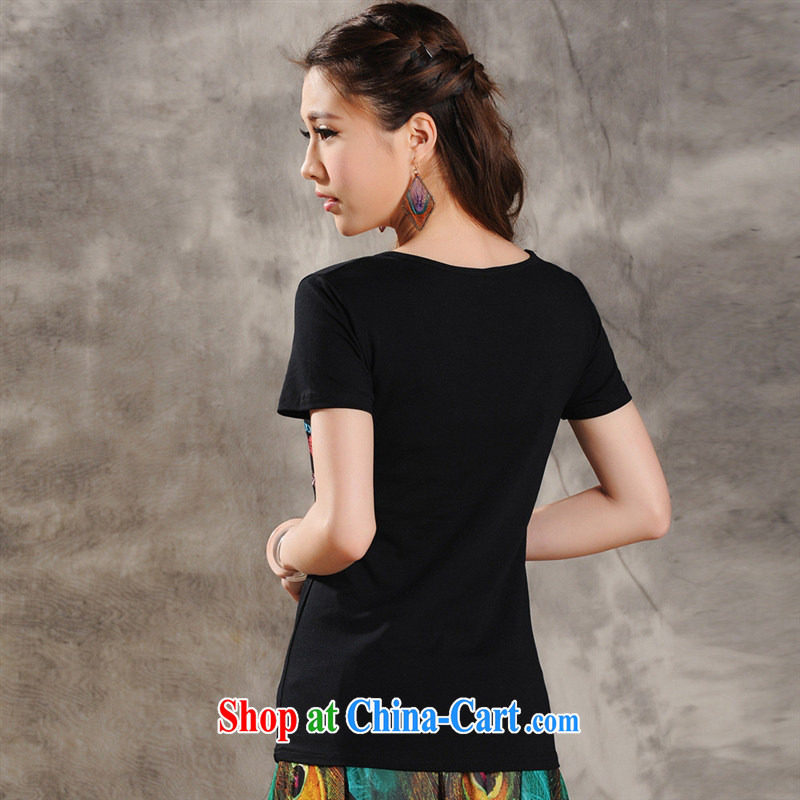 Ladies' 2015 summer new Ethnic Wind embroidered short sleeves round neck shirt T girls cotton 9632 black 2 XL, blue rain bow, and shopping on the Internet