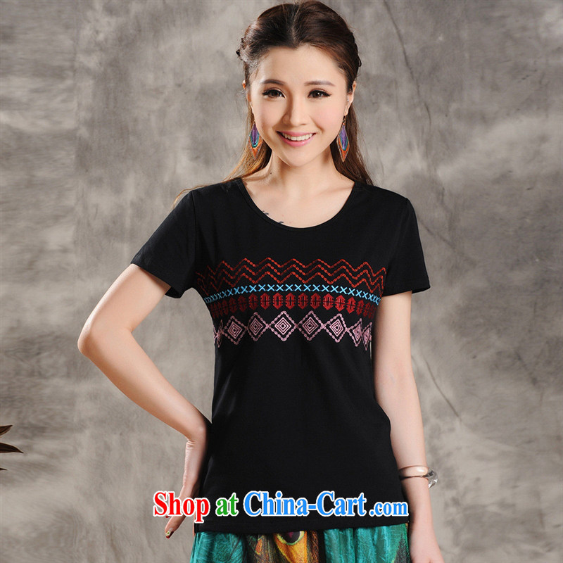 Ladies' 2015 summer new Ethnic Wind embroidered short sleeves round neck shirt T girls cotton 9632 black 2 XL, blue rain bow, and shopping on the Internet