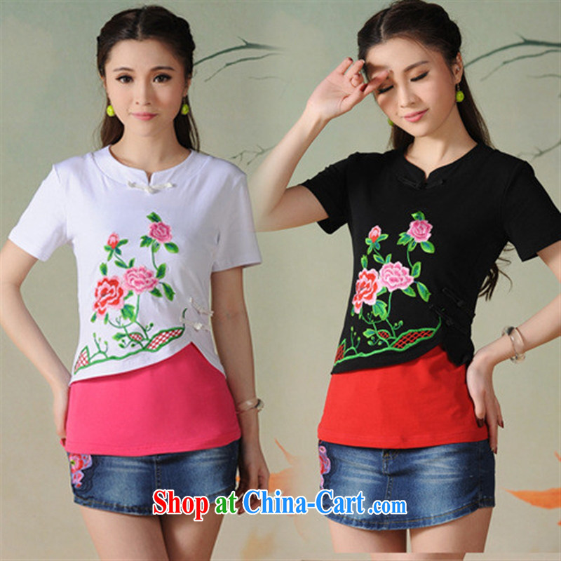 Ladies summer new ethnic wind embroidered retro-tie T shirts girls cotton 6912 royal blue 2 XL, blue rain bow, and shopping on the Internet
