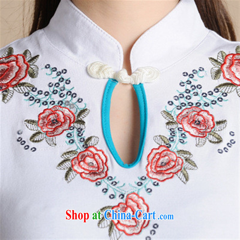 Ladies summer new ethnic wind embroidery beads, the collar-tie T shirts girls cotton 6911 white 2XL, blue rain bow, and shopping on the Internet
