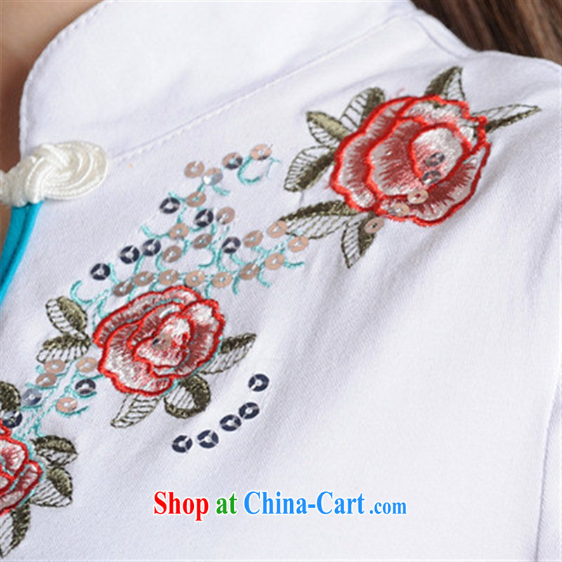 Ladies summer new ethnic wind embroidery beads, the collar-tie T shirts girls cotton 6911 white 2XL, blue rain bow, and shopping on the Internet