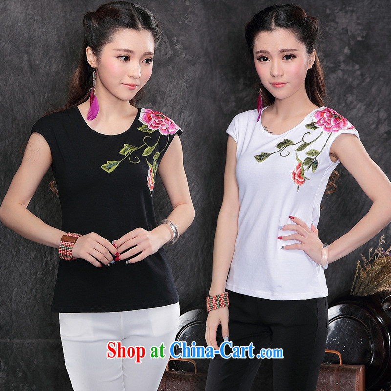 Ladies summer new ethnic wind two-color front and back embroidered female short-sleeved T shirts cotton A 153 black XXL