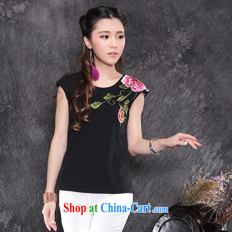Ladies summer wear new Ethnic Wind two-color front and back embroidered girls short-sleeved shirts T cotton A 153 black XXL, blue rain bow, and shopping on the Internet