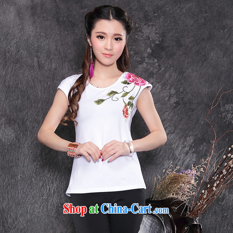 Ladies summer wear new Ethnic Wind two-color front and back embroidered girls short-sleeved shirts T cotton A 153 black XXL, blue rain bow, and shopping on the Internet