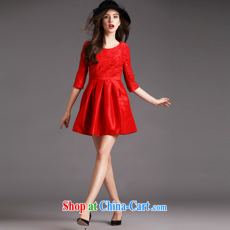 The poetry film 2015 autumn and winter, the cuff in dress lace stitching embroidered shaggy dress dress uniform toast presided over the door with married women A Field skirt red M, European poetry (oushiying), online shopping