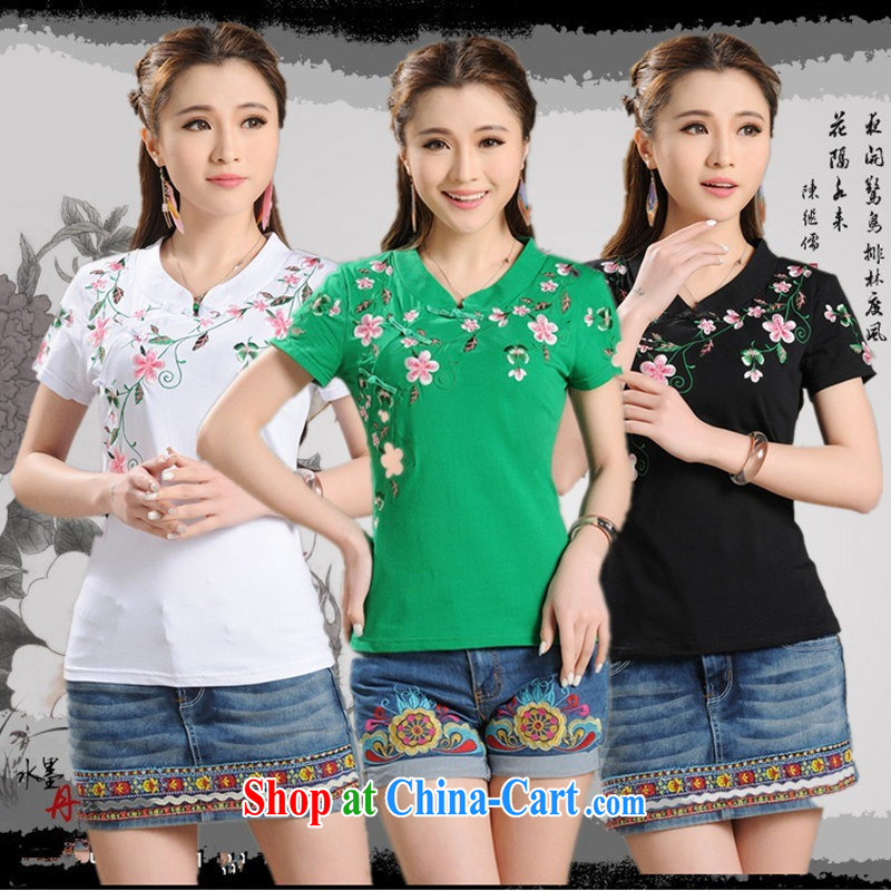 National wind women summer new embroidery, for a tight short-sleeved shirt T girls cotton A 204 blue 4 XL