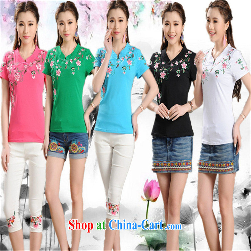 National wind female summer new embroidery, for a tight short-sleeved shirt T girls cotton A 204 blue 4 XL, blue rain bow, and shopping on the Internet