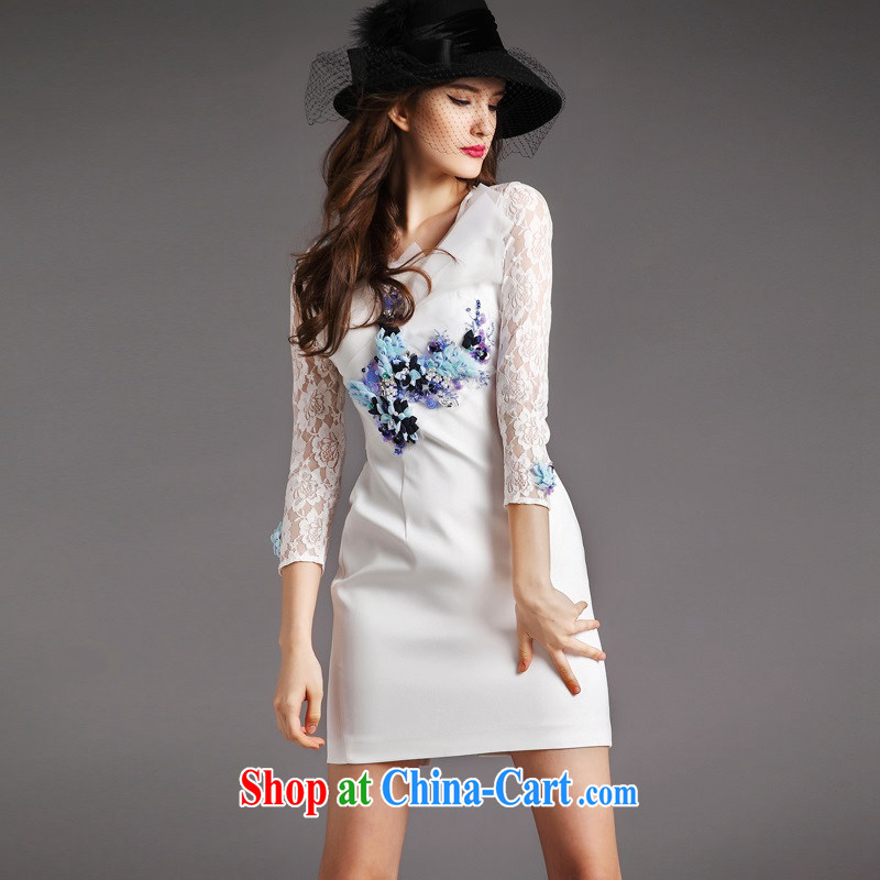 The poetry film 2015 autumn and winter new dress lace stitching three-dimensional disk flower nails Princess Pearl 7 cuff kit and dress skirt toast clothing women dresses white XL, European poetry (oushiying), online shopping