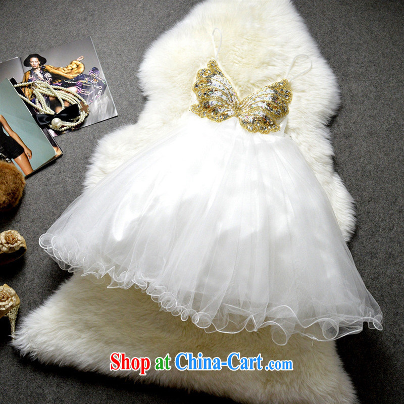Name yuan style low-chest short, small dress sexy back exposed nails drill butterfly shaggy dress reception dress skirt 122,510 white L