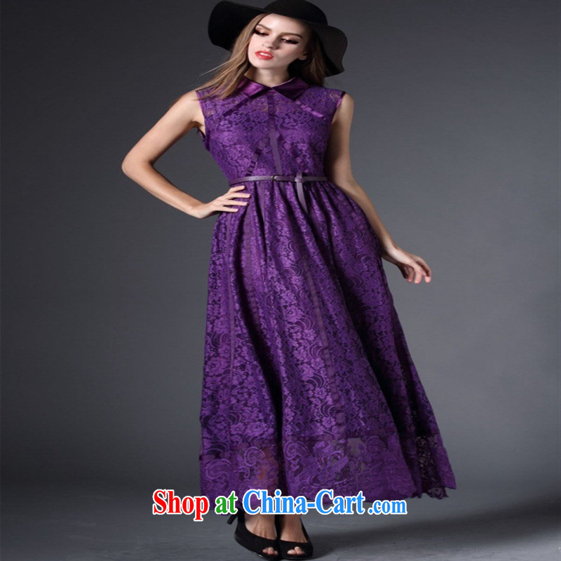 Qin Qing store 2015 festive Red name Yuan bows dress European site lace lapel sleeveless long dress purple XL, GENYARD, shopping on the Internet