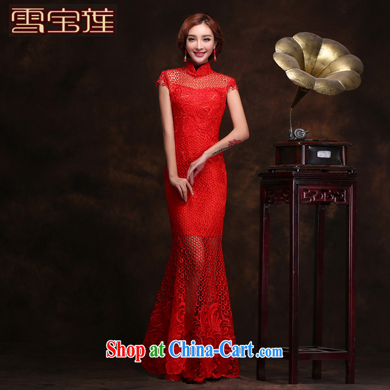Snow Lotus beauty dresses cheongsam long red wedding lace beauty serving toast original improved bridal toast clothing bridesmaid gown evening dress picture color XL