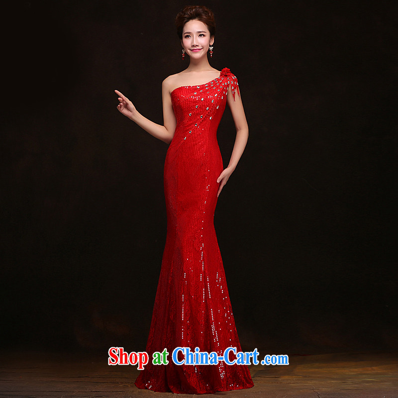 Love spell Fort spring 2015 new wedding dresses stylish crowsfoot long single shoulder, lace bridal toast dress red XXL (93/77, love the Fort, shopping on the Internet