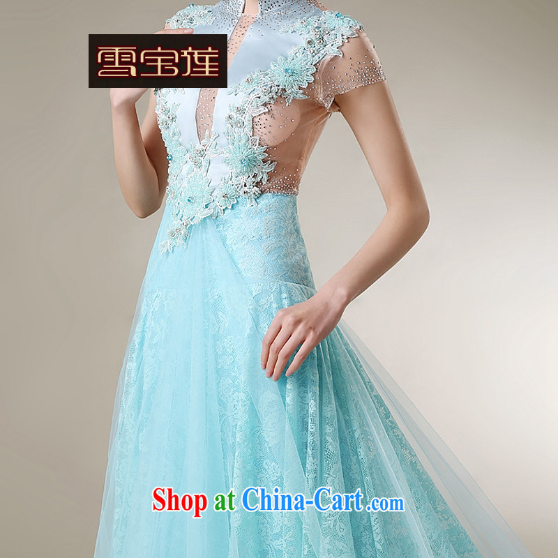 Snow Lotus bridal toast serving Korean brides beauty tail bows dress classic wood drill, for blue lace bridesmaid dress only the tail dress blue L, snow Po Lin (XUEBAOLIAN), online shopping
