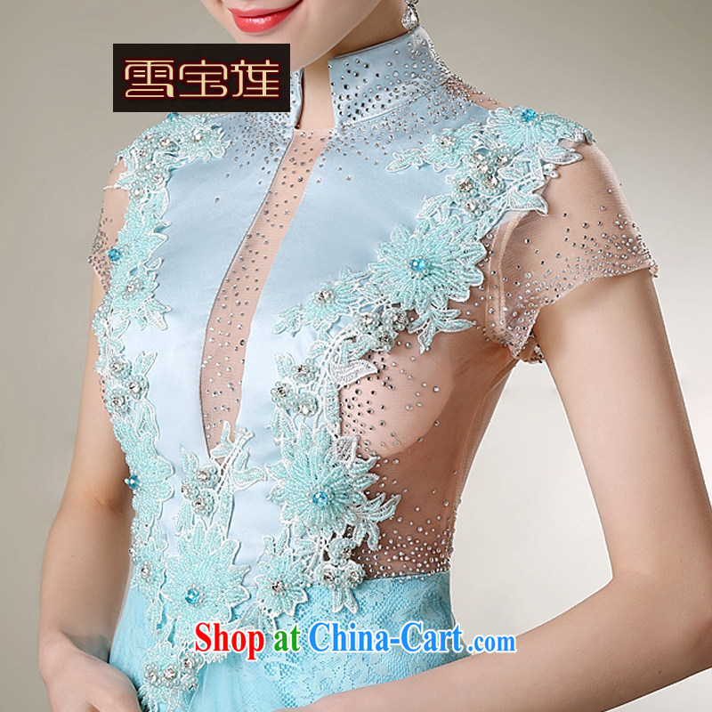 Snow Lotus bridal toast serving Korean brides beauty tail bows dress classic wood drill, for blue lace bridesmaid dress only the tail dress blue L, snow Po Lin (XUEBAOLIAN), online shopping