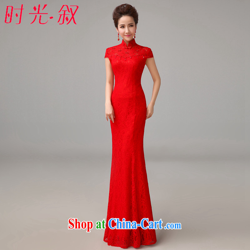 Time his 2015 spring and summer new wedding dresses bridal wedding red toast serving lace long stylish evening dress girl crowsfoot cheongsam red XXL