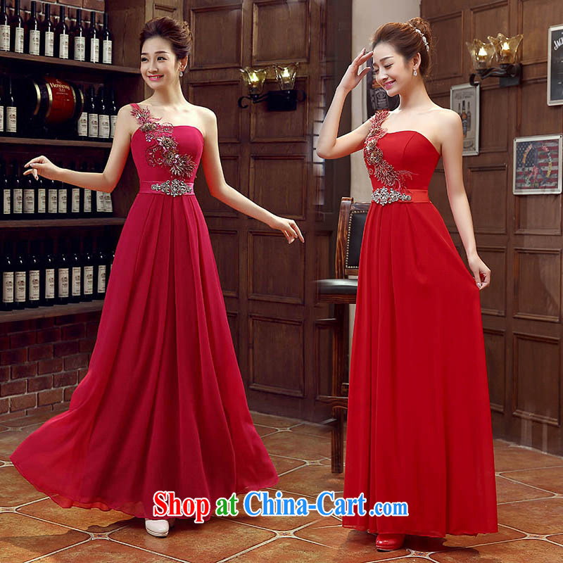 Red bridal bridesmaid wedding dress show toast serving the shoulder Evening Dress long bridal with 2015 new deep red XXL