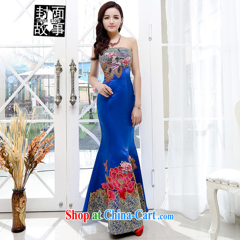 Cover Story 2015 new Peacock embroidered towel chest-waist cultivating long gown bridal toast tea dress wedding dresses blue XL