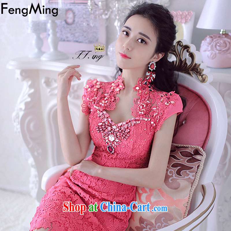 Abundant Ming Ching-ching with parquet drill to the staple Pearl dress female water-soluble retro lace dresses 2015 spring and summer new better red L, HSBC Ming (FengMing), online shopping