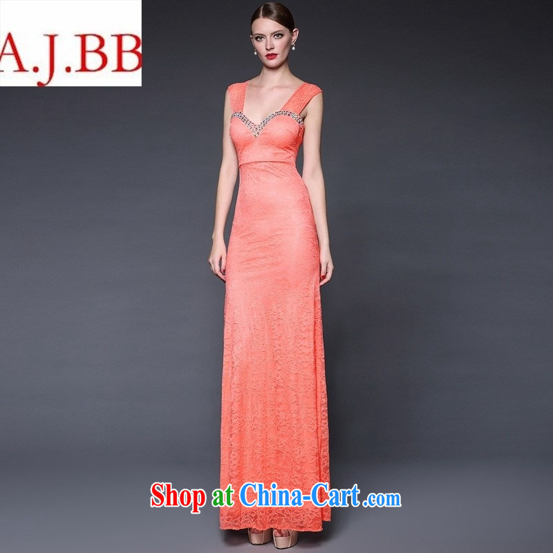 2015 European and American female summer new manually staple Pearl lace shoulder long dress dresses W 0125 red-orange are code