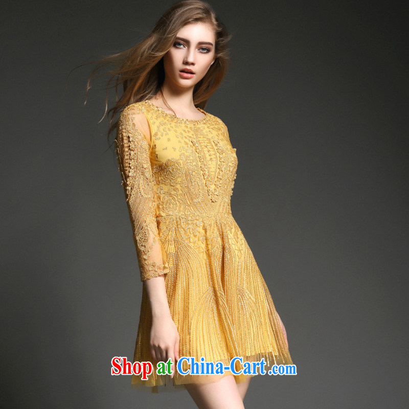 Caynova summer 2015 new stylish high-end yarn Web sexy beauty embroidery graphics thin dress dress gold XL, Caynova, shopping on the Internet