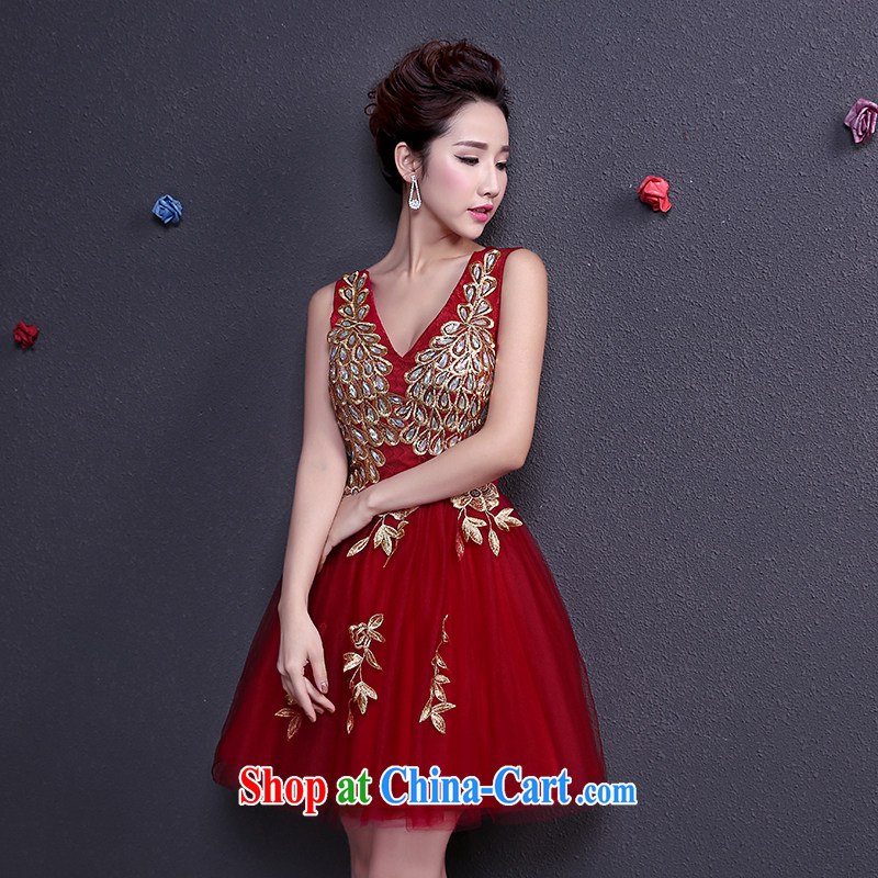 The woman bows Service Bridal Fashion 2015 Evening Dress short, cultivating graphics thin shoulders marriage wedding dresses spring and summer red wine red XL