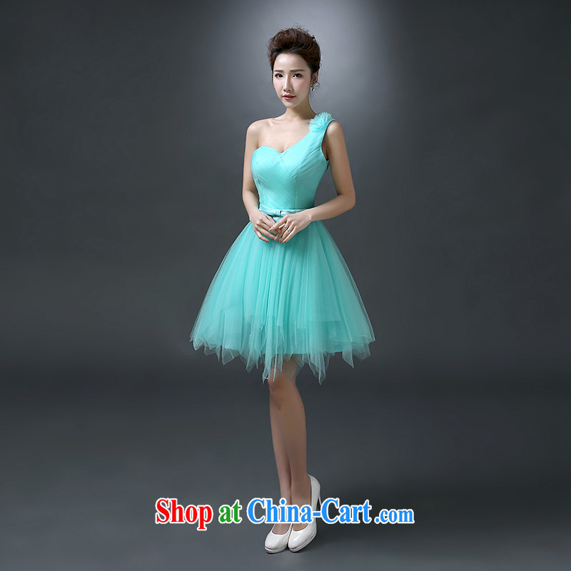 White first to approximately 2015 new bridesmaid serving short single shoulder style banquet dress short wedding bridal toast summer service shaggy skirts Ice Blue L