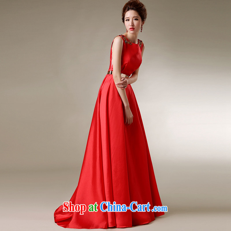 Snow Lotus Korean fashion satin wood drilling upscale Solid Color dress summer marriages long bows service banquet moderator the waist harness, cultivating dress red M, snow Po Lin (XUEBAOLIAN), online shopping
