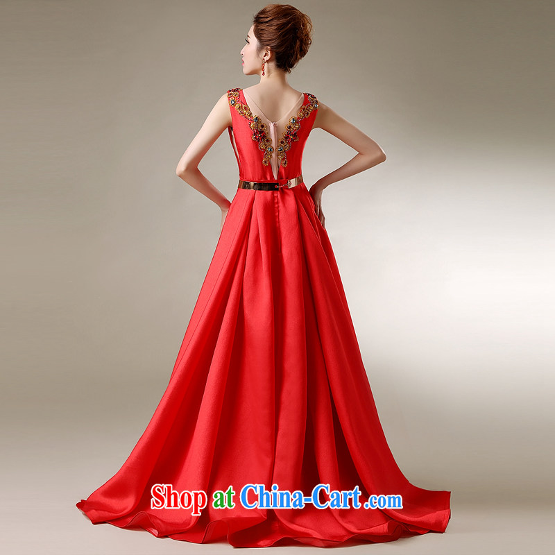 Snow Lotus Korean fashion satin wood drilling upscale Solid Color dress summer marriages long bows service banquet moderator the waist harness, cultivating dress red M, snow Po Lin (XUEBAOLIAN), online shopping