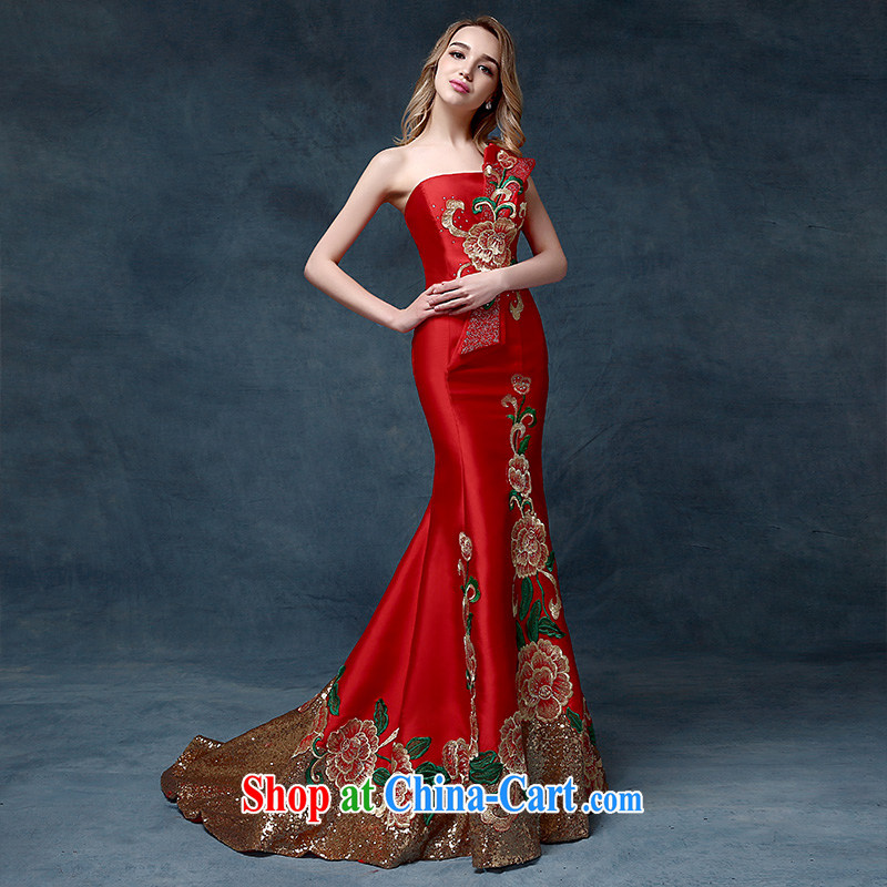 According to Lin Sa 2015 new single shoulder embroidery dress China wind crowsfoot toast stage. The Evening Dress high-end bows serving China wind the red are Code, in accordance with Elizabeth Lin, shopping on the Internet