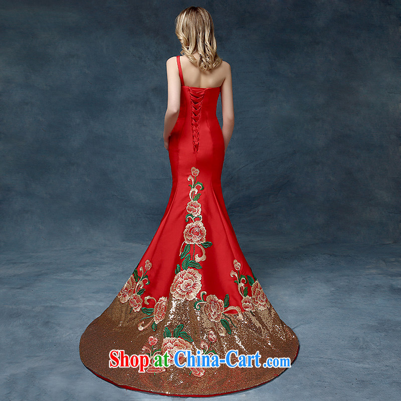 According to Lin Sa 2015 new single shoulder embroidery dress China wind crowsfoot toast stage. The Evening Dress high-end bows serving China wind the red are Code, in accordance with Elizabeth Lin, shopping on the Internet